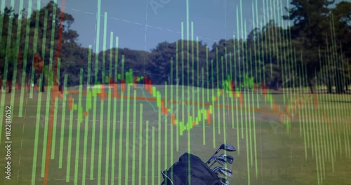 Camera moving in revealing golf bag rising while financial chart animating to show market trends