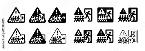 Evacuation signs icons: emergency exit warning symbols for safety guidance