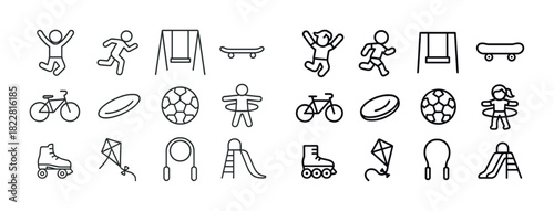 Child icons of outdoor play: cycling, skateboarding, swinging