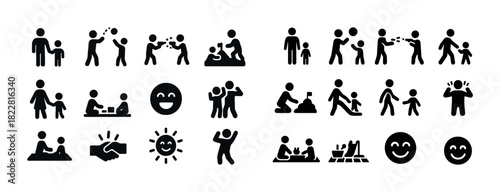 Black silhouette icon set of family activities and social interactions
