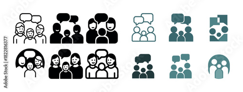 Icon set of social group discussions with diverse conversation bubbles