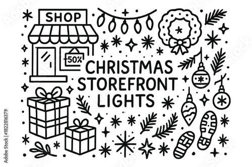 Festive Storefront Doodle. Christmas storefront lights. Hand-drawn doodle illustration of Christmas storefront