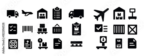 Logistics and shipping icons set: truck, airplane, warehouse, package, scale