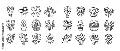 Collection of various flower doodles and floral arrangements in baskets and pots
