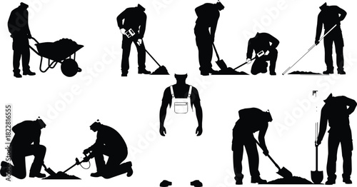 Set of construction worker silhouettes black vector collection of people using shovel and wheelbarrow for digging ground and manual labor isolated on white background