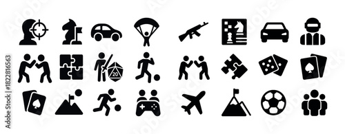 Diverse icon set including sports, travel, gaming, and security symbols