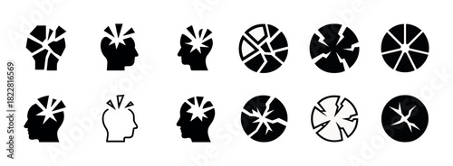 Cognitive stress and mental health abstract symbol set in black and white