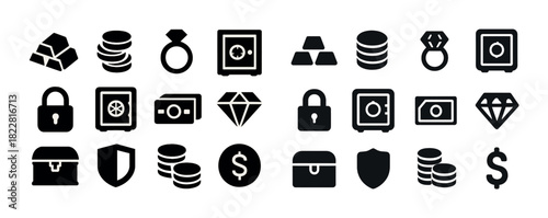 Collection of black and white security and finance icons