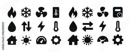 Collection of 24 black household utility and weather symbols