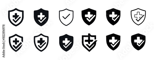 Medical and security shield icons with crosses and checkmarks