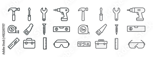 Assorted hand and power tools: hammer, screwdriver, drill, saw, toolbox