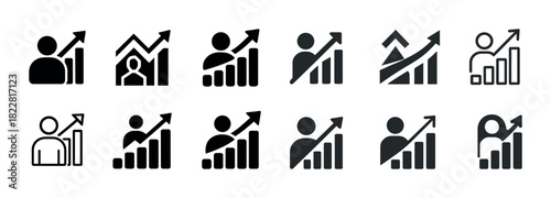Set of business growth icons with graphs and arrows