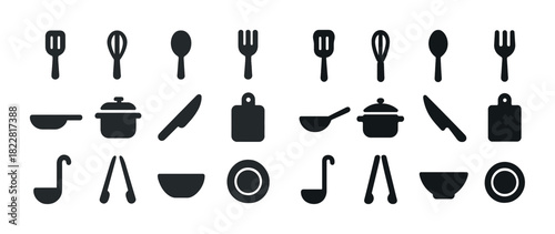 Kitchen utensils and cookware icons set: whisks, knives, pots, spoons, cutting boards