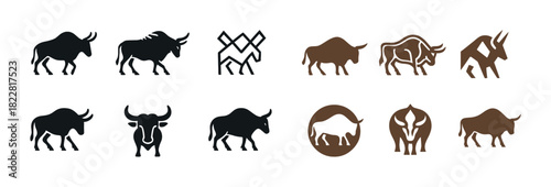 Bull and antelope silhouettes: black and brown animal icons collection