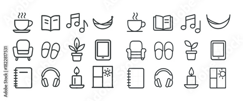 Minimalist icons of relaxation and leisure: coffee, books, music, plant, tablet