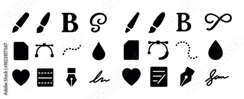 Design tool icons: brush, text, vector, color, heart, pen, water, signature, infinity