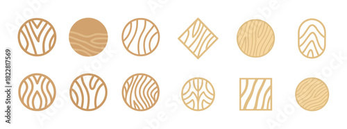 Geometric wood grain patterns collection in various shapes on white background