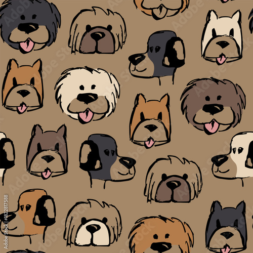 Doodle dogs seamless pattern. Brown childish background.	