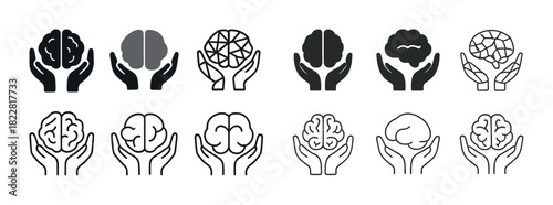 Collection of brain in hands icons in black and white styles