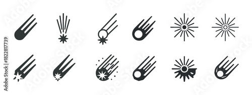 Set of black meteor and starburst icons in various styles