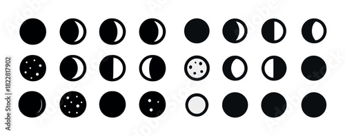 Lunar phases and lunar surface icon set with moon dust designs