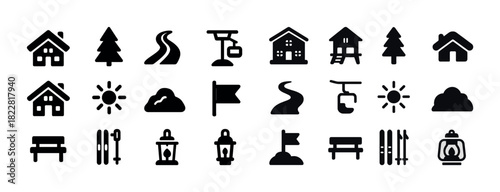 Winter vacation icons: cabins, skiing, snow, and more