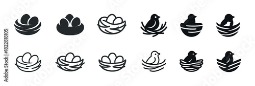 Bird nest and egg icons set in black and white