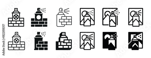 Black and white spray can and brick wall icons in various styles