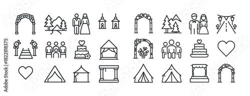 Wedding icon set with arches, cakes, tents, and couples