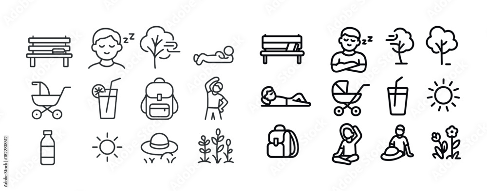 Naklejka premium Outdoor recreational activities: icons of relaxation, exercise, nature, and refreshments