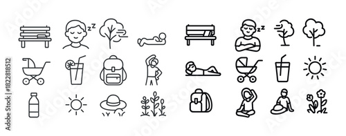 Outdoor recreational activities: icons of relaxation, exercise, nature, and refreshments