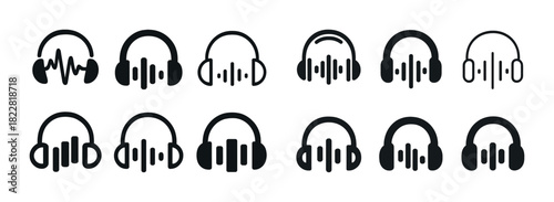 Various icon styles of headphones in silhouette design