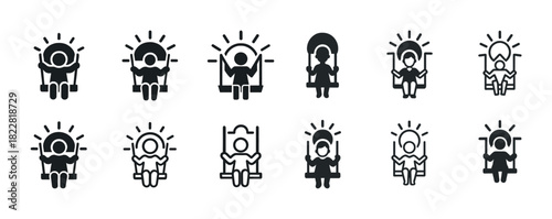 Simple black and white icons of people relaxing on swing chairs