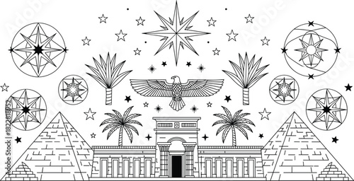 Ancient, Egyptian, architecture, symmetrical, illustration, eagle, pyramids, celestial, stars, palm, trees, agave, temple, heritage, culture, mystic, geometry, decorative, historic, fantasy