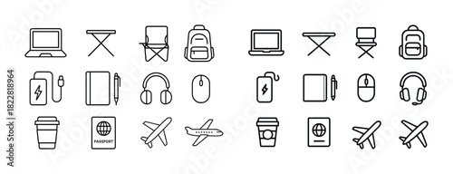 Travel essentials icons: laptop, backpack, passport, airplane, headphones
