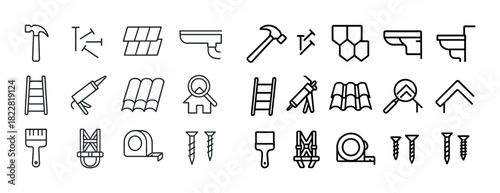 Linear construction icons: hammer, nails, ladder, paintbrush, roofing tools