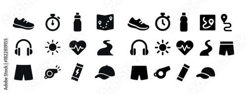 Running icons collection: sneakers, stopwatch, hydration, heartbeat, route maps