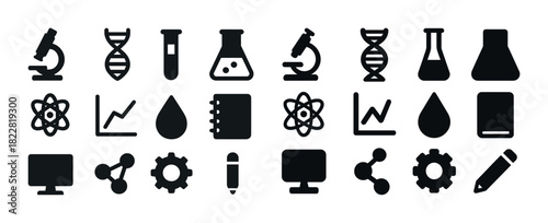 Set of science and research icons: microscope, dna, graph, flask, atom, gear