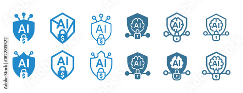 Artificial intelligence security icons: shield, padlock, and neural designs