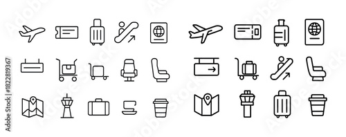 Airport travel icons set: airplane, luggage, passport, boarding pass
