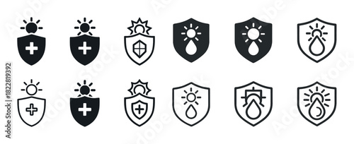 Sun protection shield icons set - outline and solid styles with sun drops