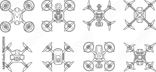 Top view drone collection, quadcopter designs, aerial photography drones, futuristic UAVs, drone technology, propeller styles, camera-equipped drones, flying robots