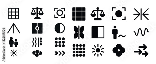 Set of geometric icons featuring scales, arrows, and abstract patterns