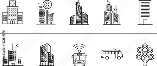 Urban infrastructure icons, city elements, smart transport, hospital, school, shop, office buildings, tree symbol, modern architecture, public services, connectivity