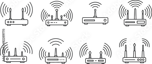 Wireless router icons, network device illustrations, signal antenna symbols, Wi-Fi connectivity graphics, tech interface elements, blue outline style, vector set