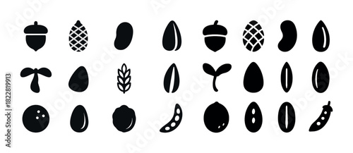 Silhouette collection of various seeds and nuts in black and white design