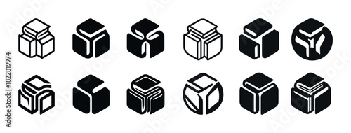 Black and white geometric book icons in various abstract designs