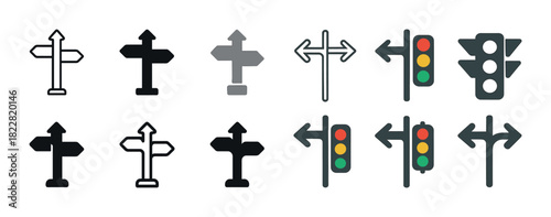 Collection of directional signs and traffic signal icons in various styles