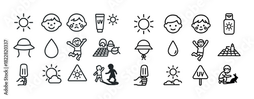 Sun safety icons: uv protection, sunscreen, hydration, children playing, sun hats
