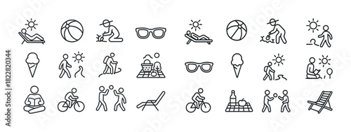 Summer activities icon set: relax, play, picnic, cycle in style